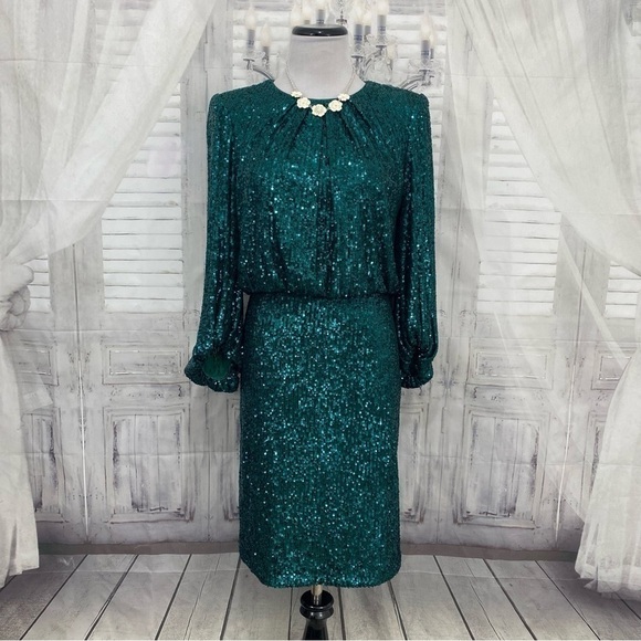 NWT Vince Camuto Size 6 Green 3/4 Balloon Sleeve Crew Neck Sequin Dress Sheath - Picture 1 of 14